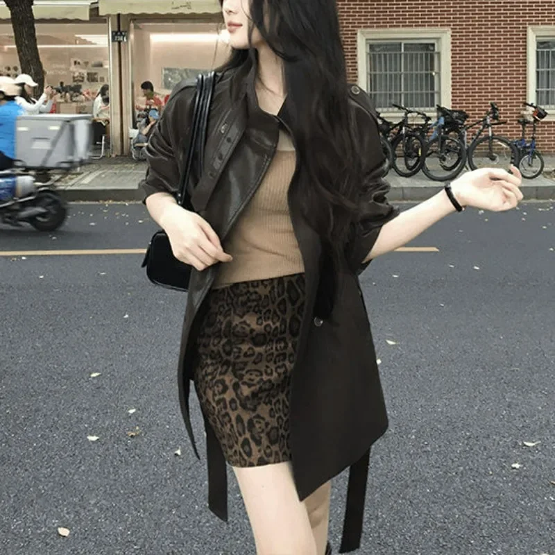 Women Mid-length Autumn Style Fashionable Coat Stand-up Collar Belt-shaped Windbreaker Pu Leather Jacket Black Leather Jacket .