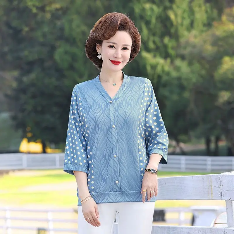 Verão novo estilo feminino manga média topos elegante manga de três quartos camisa fina