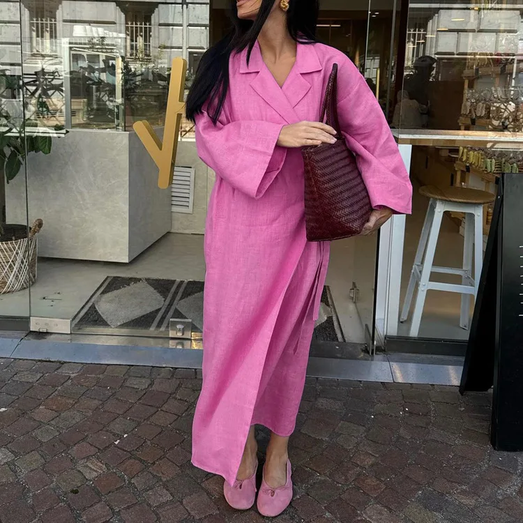 

Cotton Ladies Casual Turn-Down Collar Pyjamas Long Sleeve Dress Lace Up Solid Color Full Sleeve Maxi Dress Female Homewear Robes