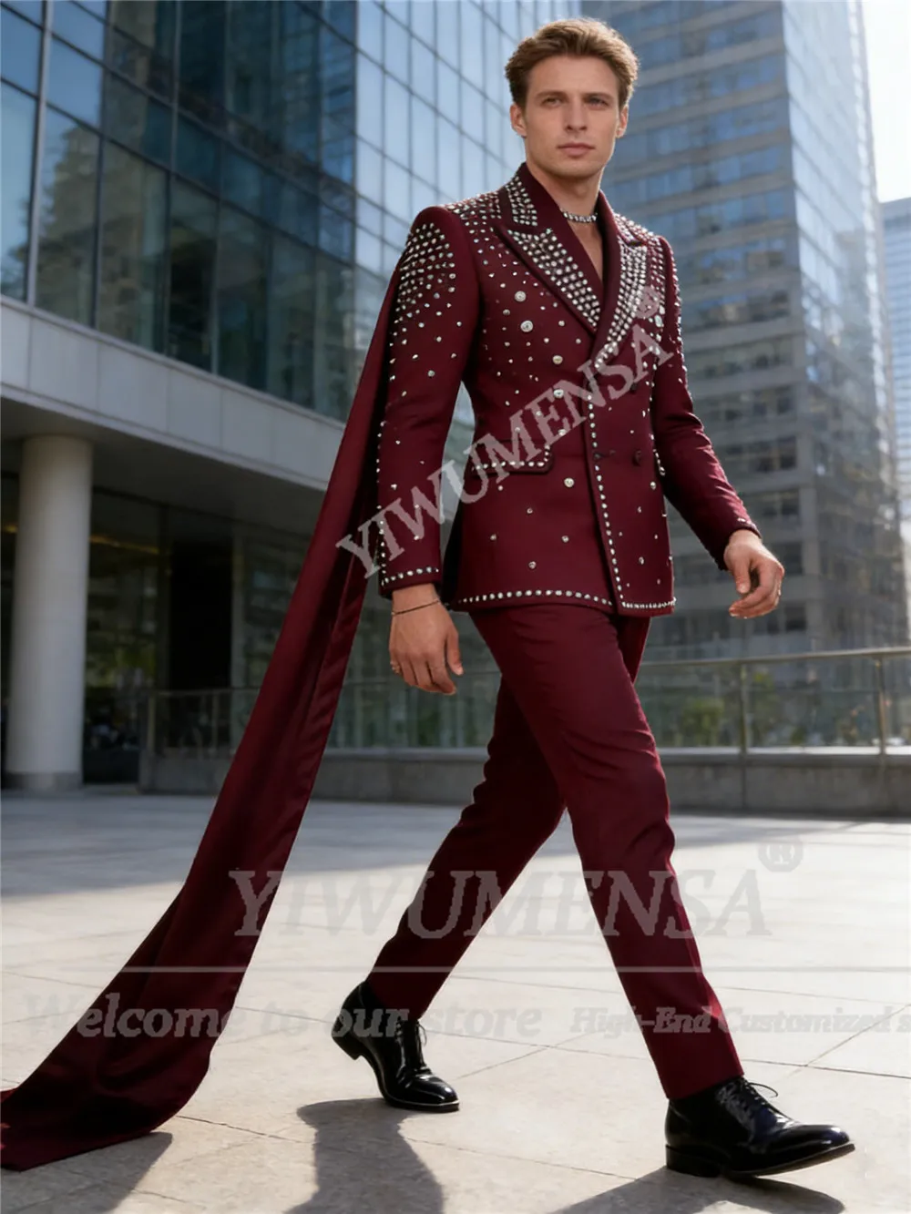 

Unique Design Beaded Stones Suits Men 2 Piece Set Double Breasted Jacket With Cape Long Customized Man Formal Party Tuxedos 2026