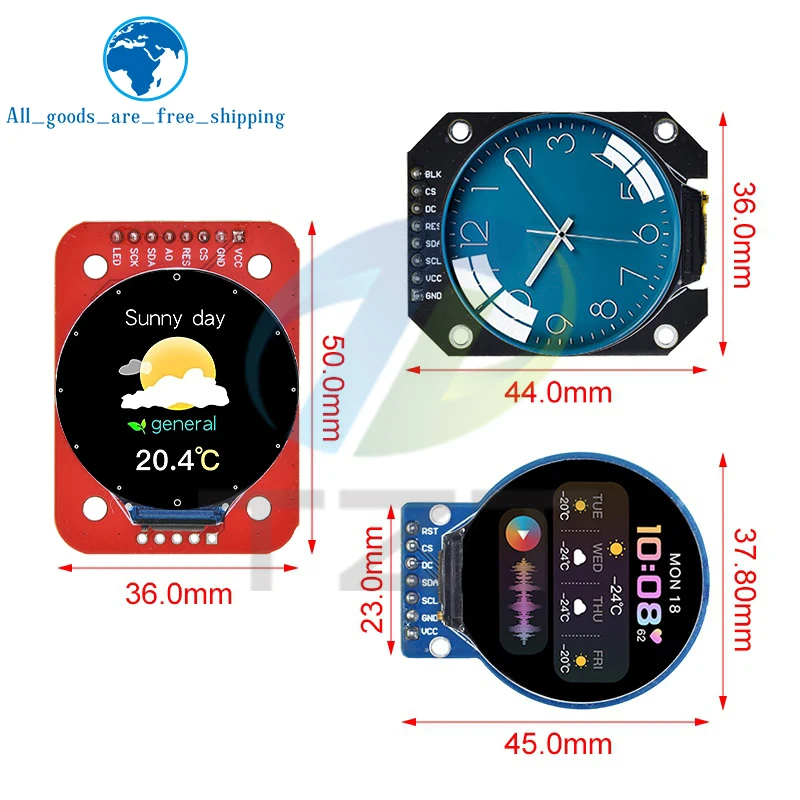 TZT 1.28 inch TFT LCD Display Module Round RGB IPS HD 240x240 Resolution GC9A01 Driver 4 Wire SPI Interface Adapter Board