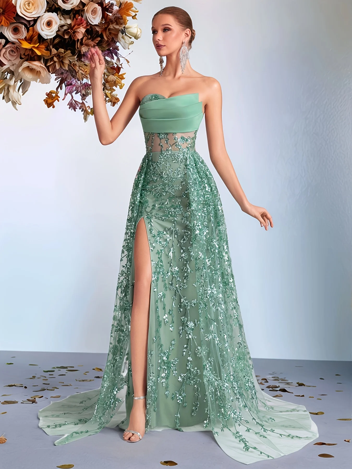 Elegant Strapless Evening Dress, Women's Sage Green Sequin - Embroidered Gown with Slit & Sheer Panel for Luxury PartyCustomized