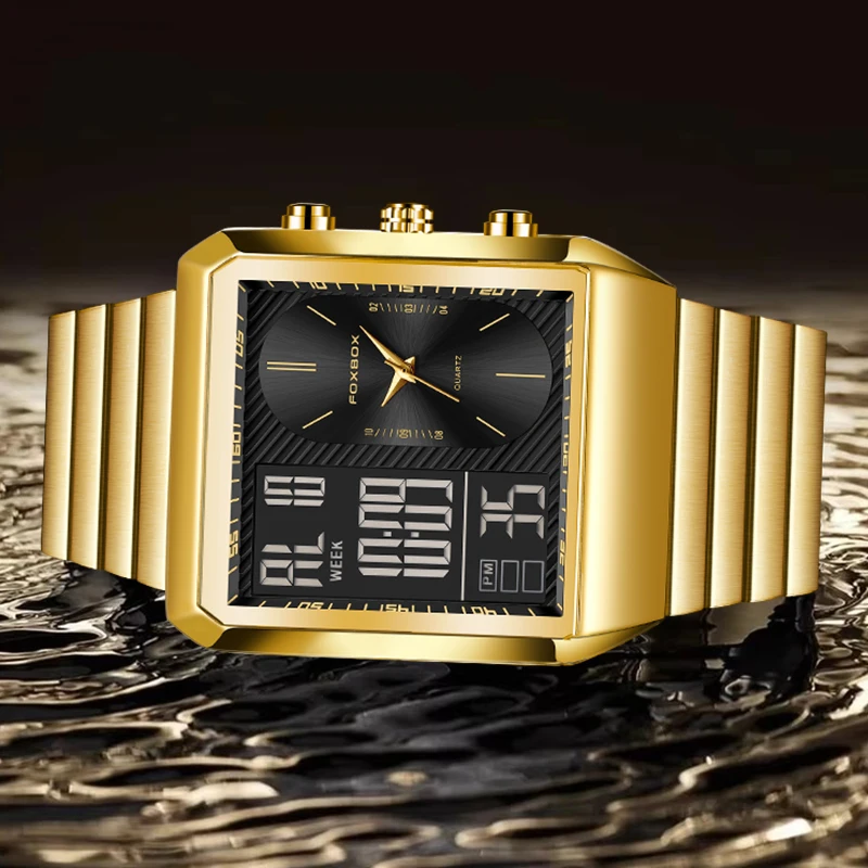 FOXBOX Creative Watch For Men Square Stainless Steel Gold Quartz Wristwatch Waterproof LED Backlight Alarm Digital Chronograph