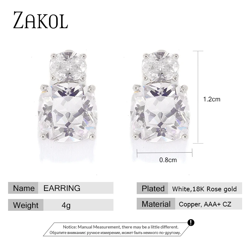 ZAKOL Trendy Simple Square Blue Cz Zirconia Crystal Stud Earrings for Women Fashion Bridal Wedding Accessories Jewelry EP2474