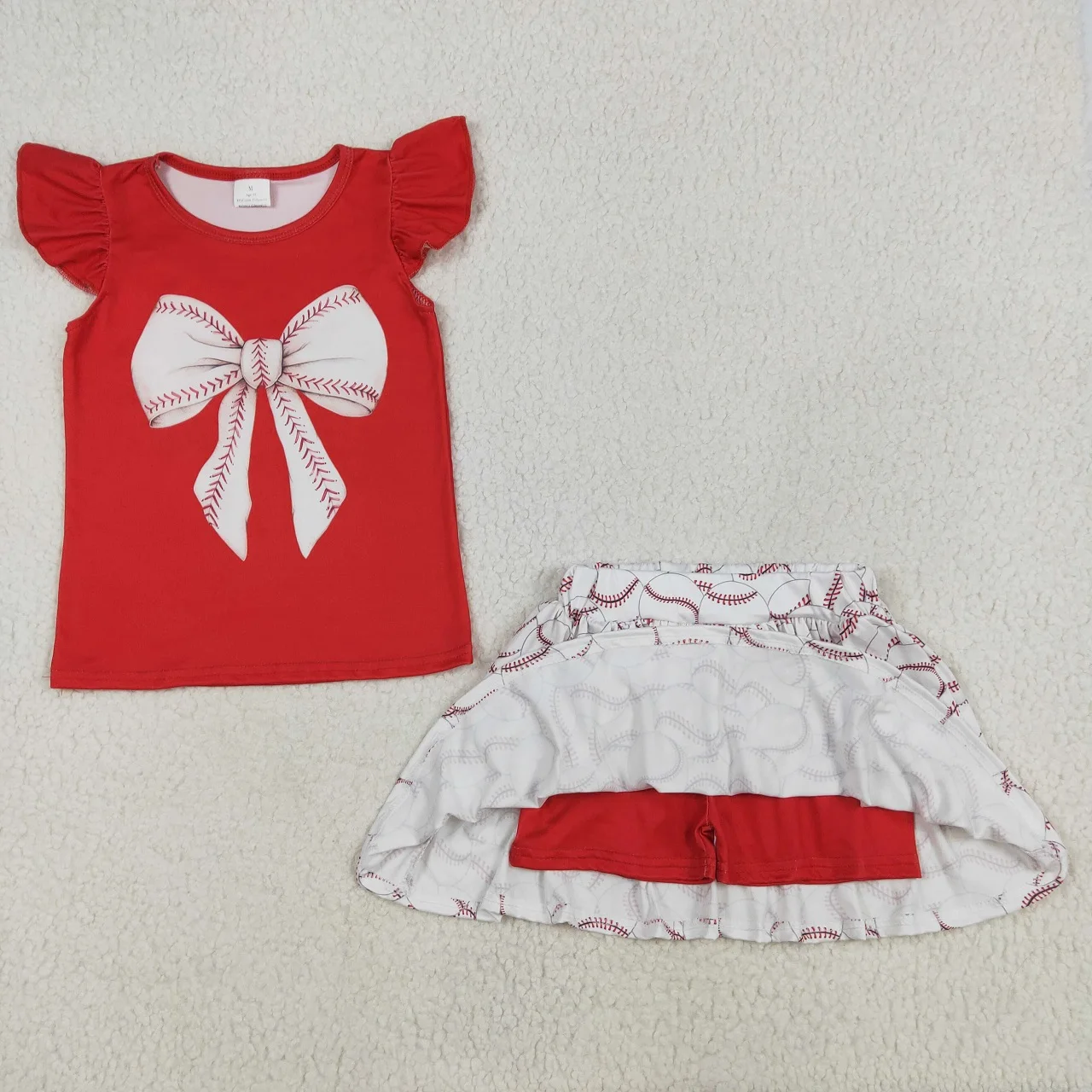 Wholesale Kids Clothes Toddler Infant Red Short Sleeves Bow Shirt Baby Girl Baseball Skirt Shorts Skort Set Children Outfit