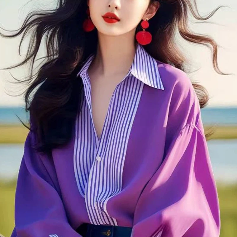 Purple Striped Patchwork Elegant Blouse Spring Autumn New Polo Neck Contrast Office Shirt Tops Temperament Fashion Women Clothes