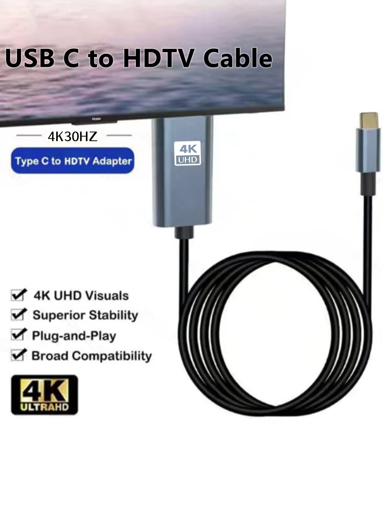 Type-C to HDTV Mirroring Cable, Supporting 4K High Definition, Can Connect Your Mobile Phone or Computer to an External Monitor
