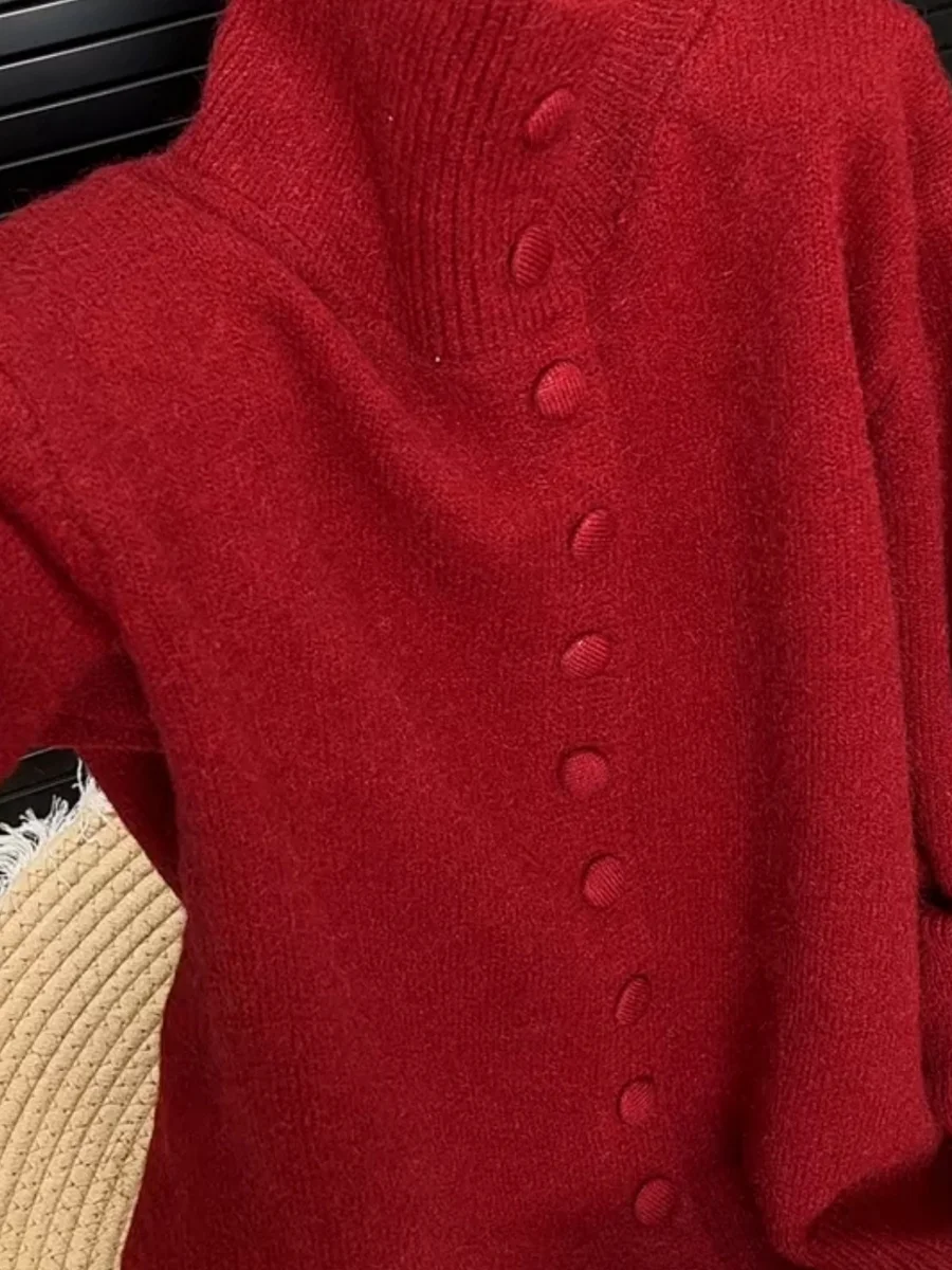 

Soft Cozy Red Knitted High Collar Sweater Coat Women's Faion Design Autumn Winter Ele Anti-Aging Open Cardigan