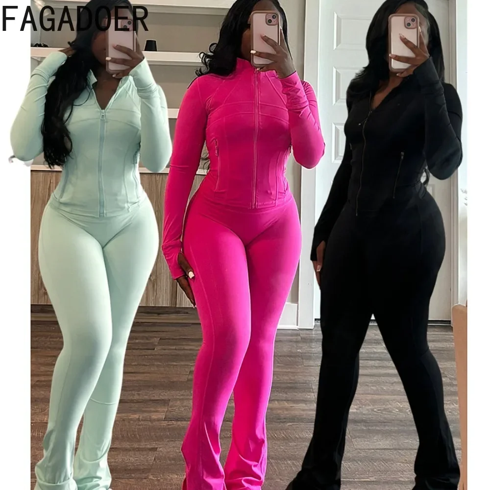 Fagadoer sólido bodycon 2 peça define roupa feminina manga longa zip retalhos jaqueta superior e calças alargamento ternos outono streetwear