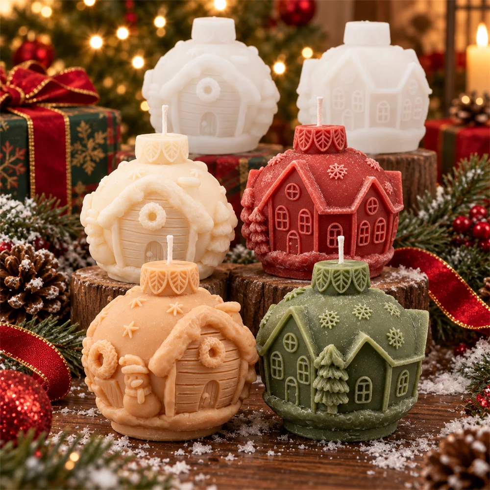 Christmas Ball Candle Mold 3D Xmas House Silicone Mold for DIY Scented Candle Plaster Making, Snow Cottage Xmas Home Decor Gift