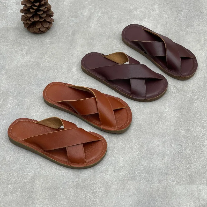 Birkuir Retro Open Toe Cross Belt Slippers Women Summer Flats Outdoor Slippers Soft Soles Slides Genuine Leather Beach Sandals