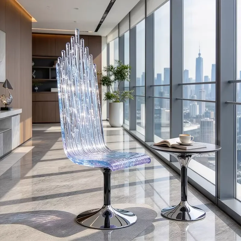 Gradual Change Blue Transparent Resin High Back Art Chair with Built-in LED Light for Lobby Wholesale Supply