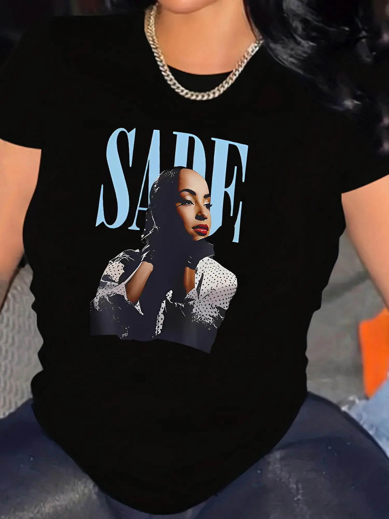 

1pc Y2K Retro Women's Casual Sports T-Shirt Street Style Round Neck Short Sleeve with SADE Graphic Print, 100% Knit Fabric