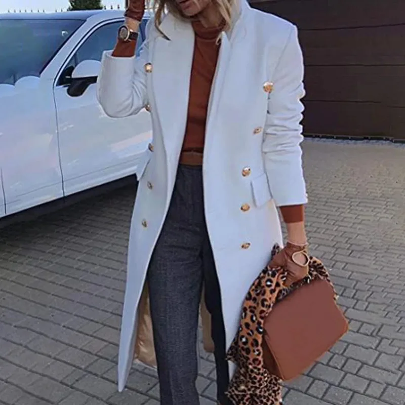 women woolen coat 2026 Autumn Winter warmnew long-sleeved mid-length solid color double-breasted woolen coat women's clothing