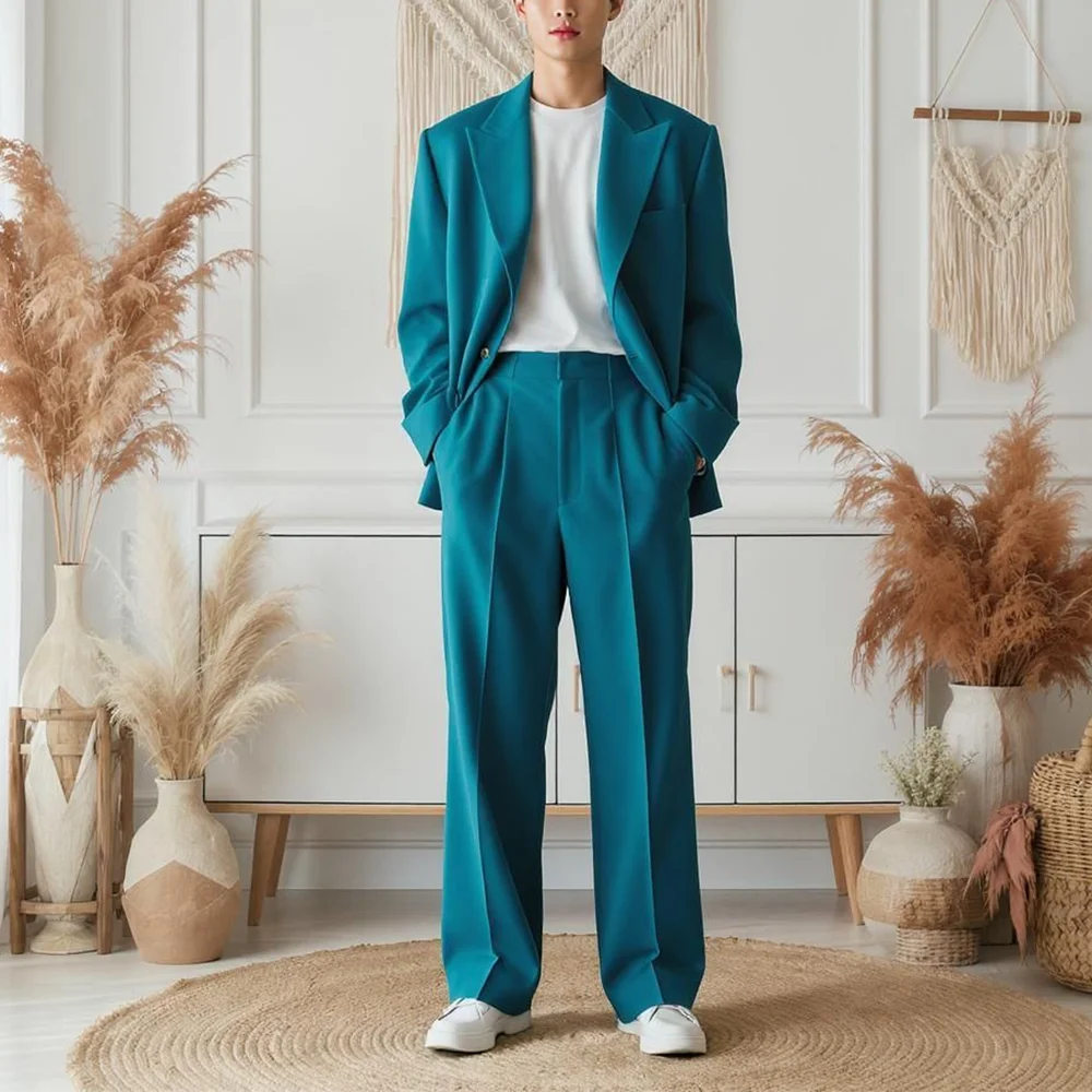 

Classic Double Breasted Men Jacket Pants Solid Color Loose Fit Casual Fashion Peak Lapel Outfit Daily Party Set Two Piece