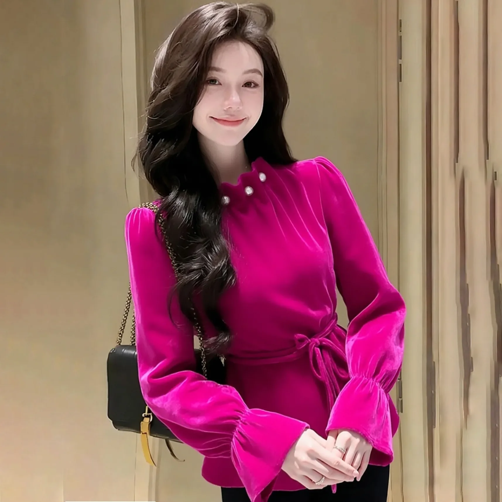 

Весна-осень 2026, новая бархатная футболка со шнуровкой на талии, женская прочная свободная футболка с длинными рукавами и бисером, тонкая футболка с круглым вырезом