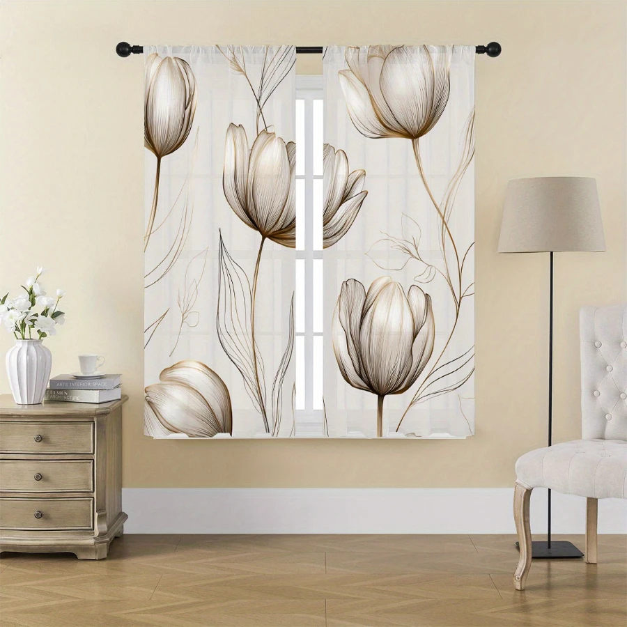 2PCS Digital Print Sheer Curtain, Brown Line Art Tulip Flowers Pattern, Minimalist Elegant Sketch Drawing Modern Floral Decor