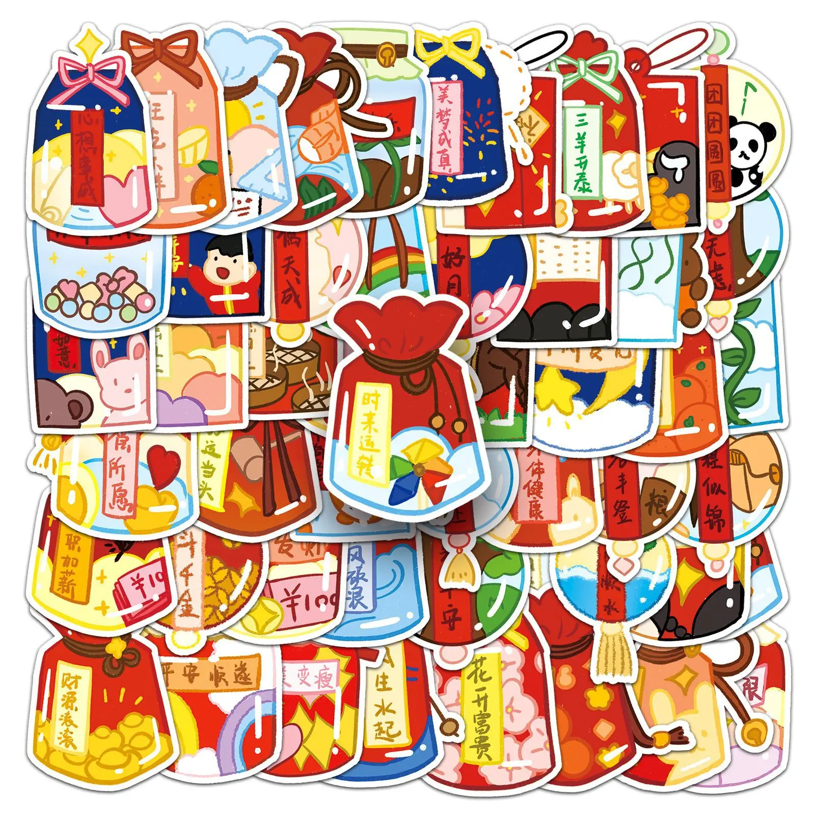 50Pcs Cartoon Chinese Lucky Bag Series Graffiti Stickers Suitable for Laptop Helmets Desktop Decoration DIY Stickers Toys