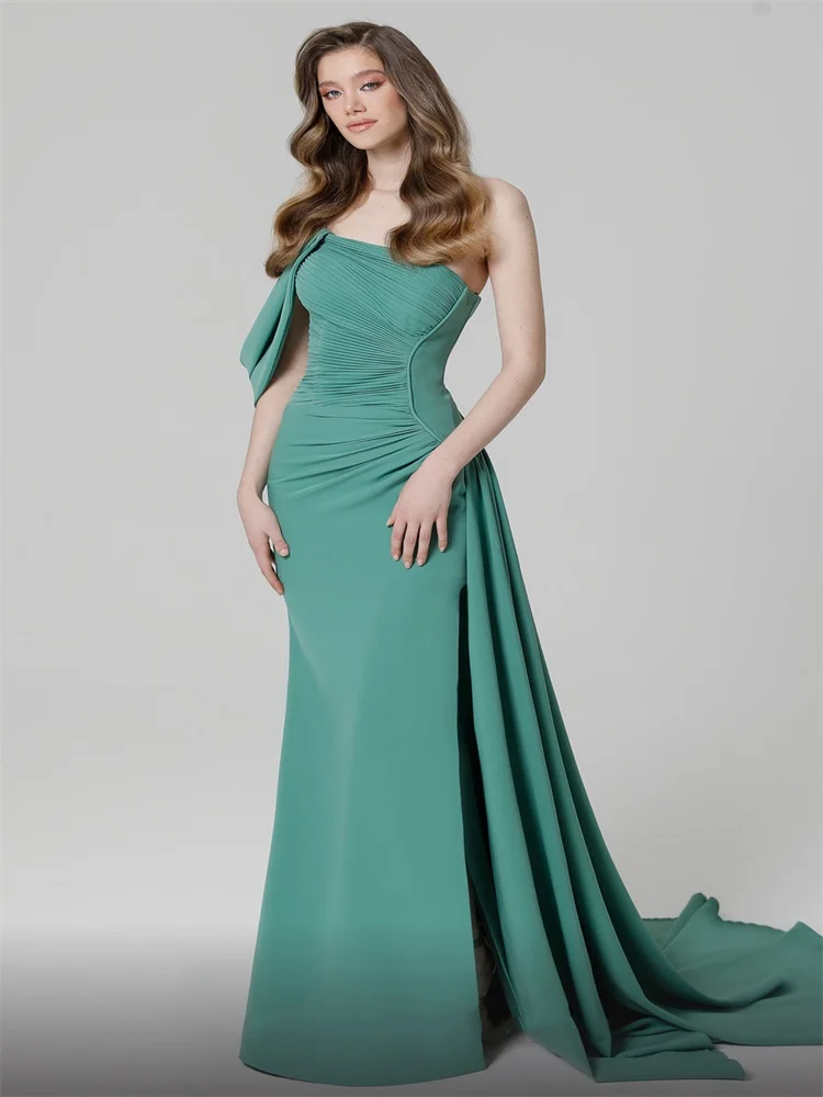 

Hot Selling Ayesmatrick Neck Stretch Satin Evening Dress Sexy Open Back Zipper Floor Length High Slit Sweep Train Gown For Women