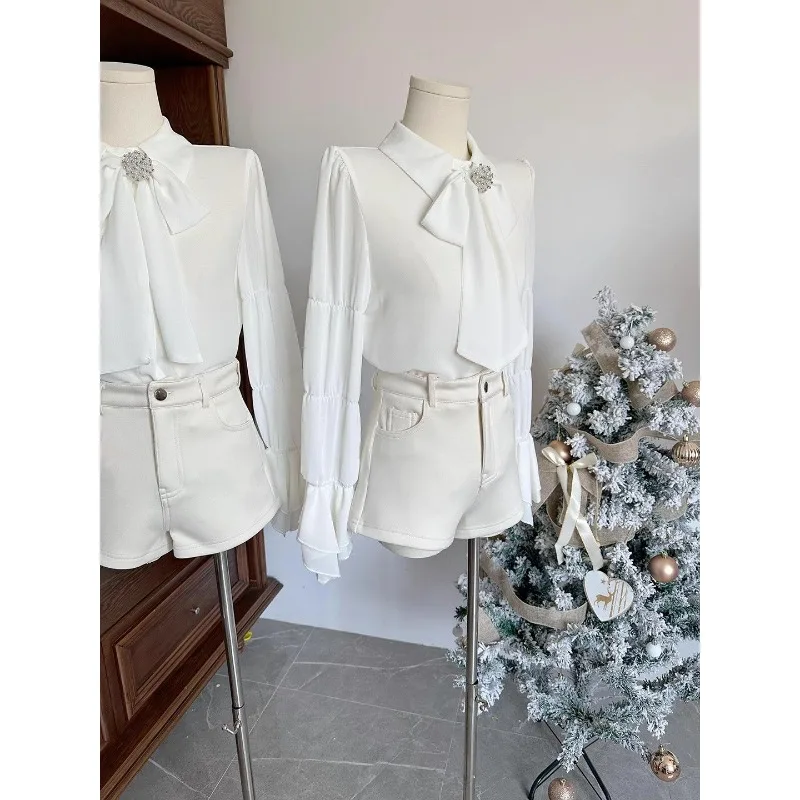 Solid Color Pullover Bow White Chiffon Shirt Women's Bell Sleeve Shirt Long Sleeve Top