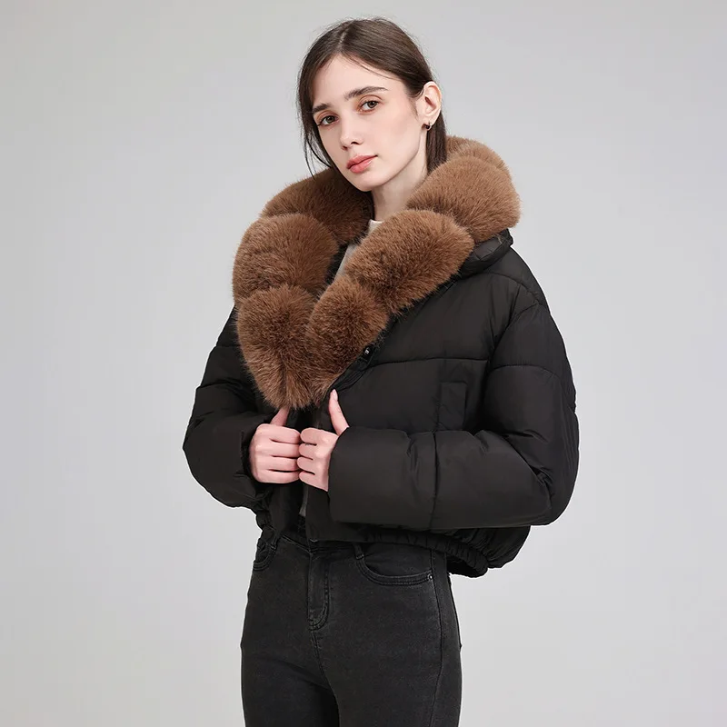 Short Cotton Jackets Warm Cropped Puffer Jacket Women Faux Fur Large Collar Elastic Hem Snap Closure Winter Outerwear Chic New