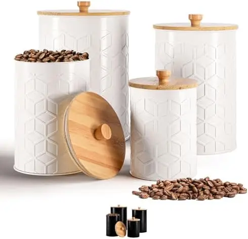 

Set of 4 Airtight Kitchen Canisters - Textured Iron Flour, Sugar & Coffee Jars - White Farmhouse Countertop Storage