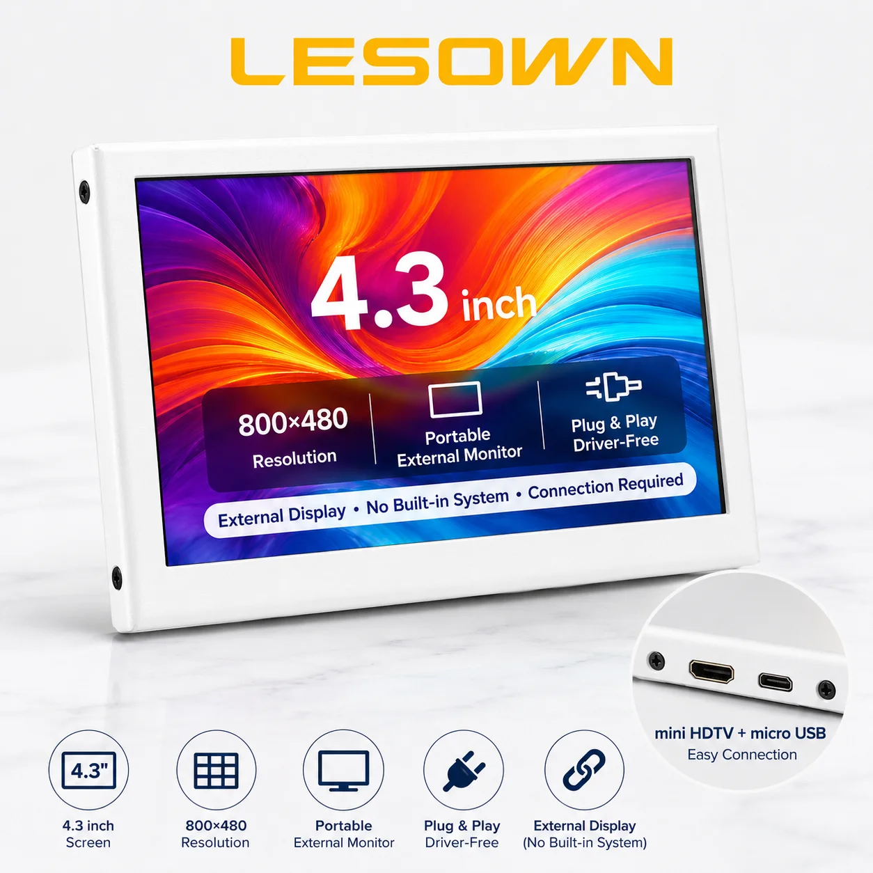 LESOWN Matte White Alloy miniHDTV LCD 4.3 Inch Plug & Play Chassis Temperature Screen 16:9