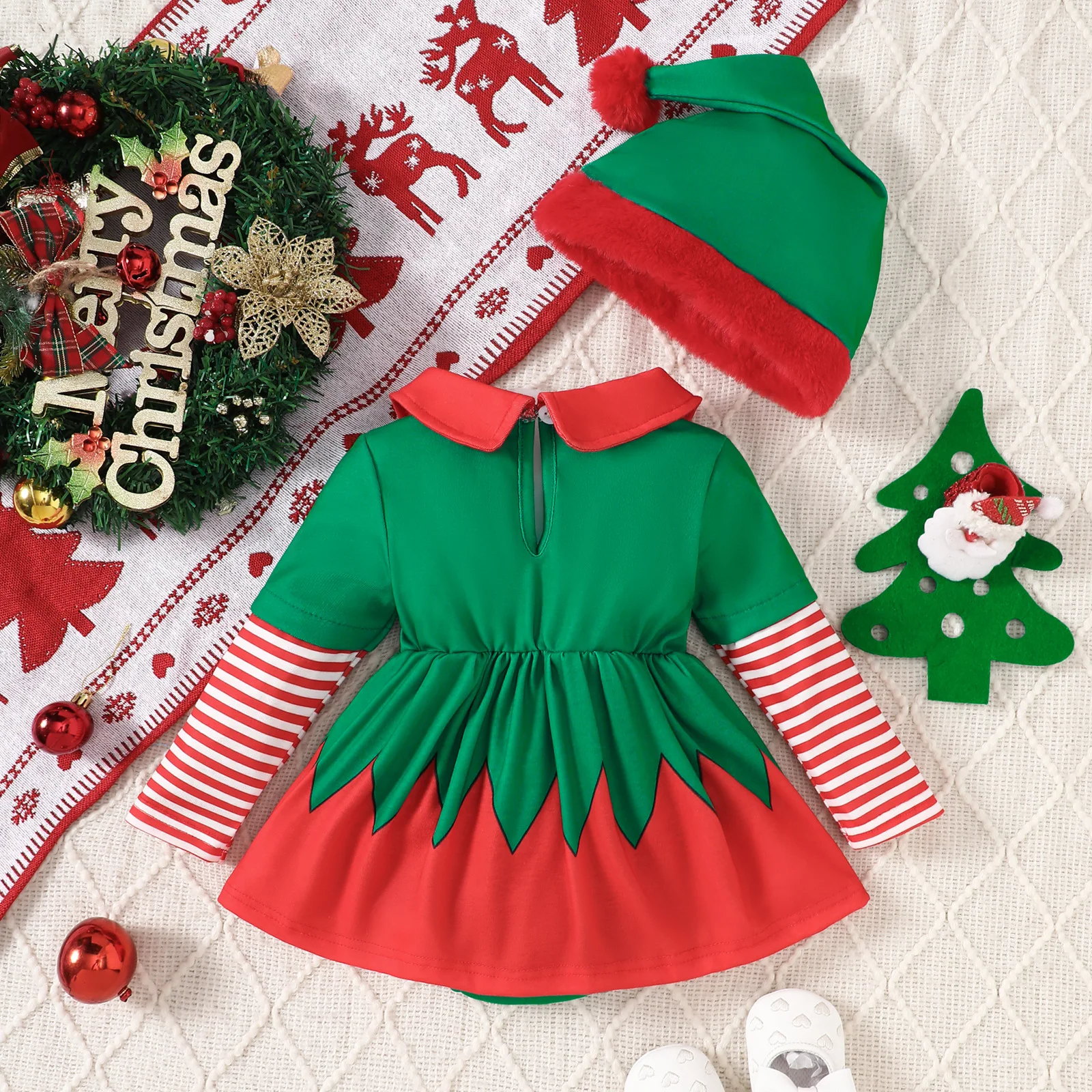 Christmas Infant Patchwork Kids Baby Girl’s Solid Bodysuit Suits Baby\'s 1st Christmas Jumpsuit and Mini Skirt Set with Santa Cap