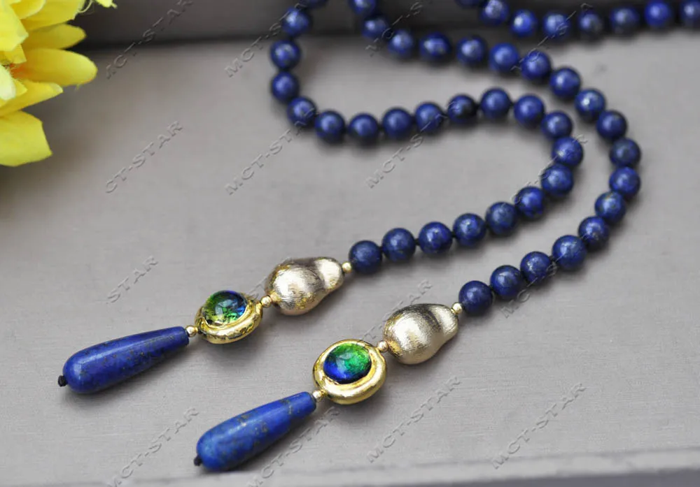 Z13262 39\'\' 28mm Blue Drop Round Lapis-Lazuli Gold-Plated Pearl Necklace Custom Jewelry