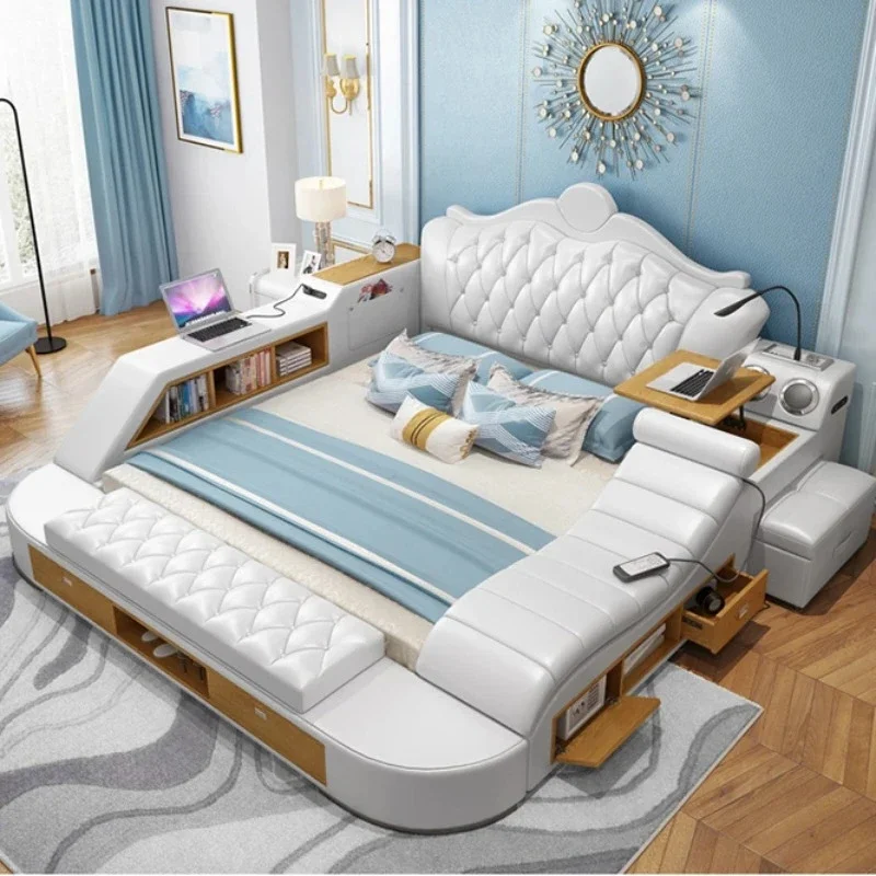 تخزين سرير مزدوج بحجم كوين فريد من نوعه من Nordic Master Princess إطار سرير مزدوج فاخر من الجلد الطبيعي أثاث غرفة Deux Place #2