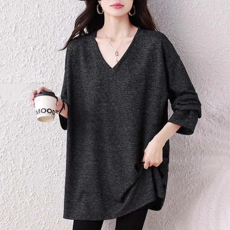 

Plus Size Lazy Style V Neck Simplicity Tops Women Clothes Solid Long Sleeve Street Casual T Shirts Vintage Fashion Spring Autumn