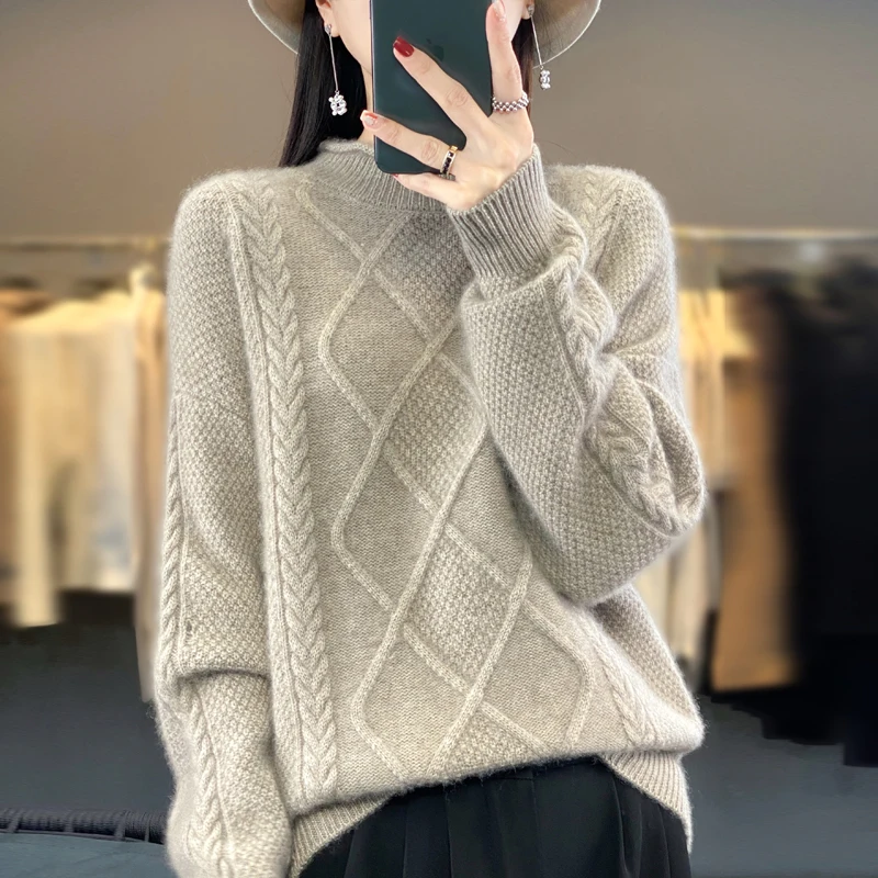 

AutumnWinter New High End Woolen Sweater Women's Half High Neck Long Sleeved Pullover 100% Pure Wool Jacquard Thickened Knitwear