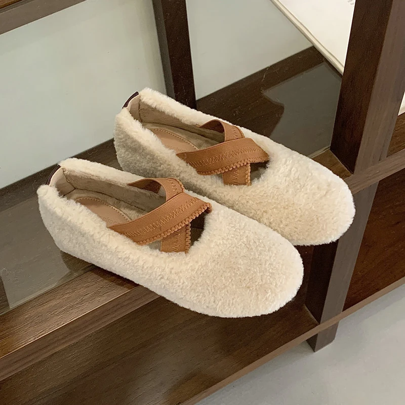 

Fur Loafers Women elevator shoes Winter Round Toe Casual Shallow loafer vintage cross band Furry Slides Slip on Mary Jane shoes