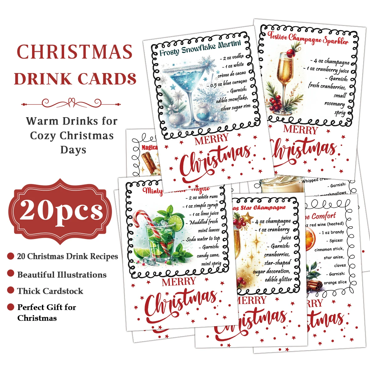 20pcs Christmas Cocktail Recipe Cards,Mixed Drink Making Guide Cards,Beverage Menu Card For Bar Decor,Xmas Dinner Party Supplies
