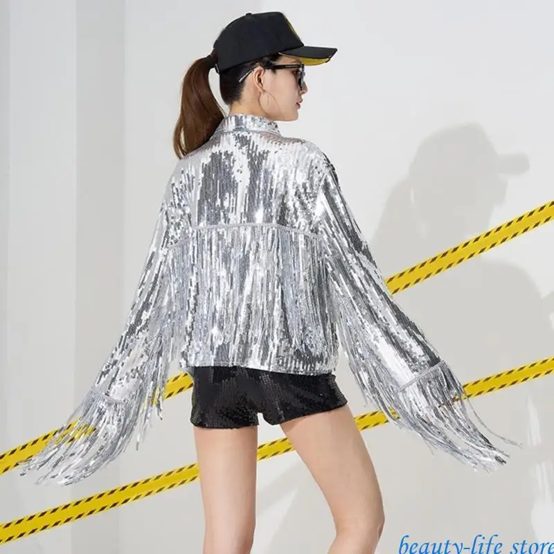 

Glitter Sequins Long Sleeve Fringe Crop Jackets Open Front Outwear for Night Out 517D