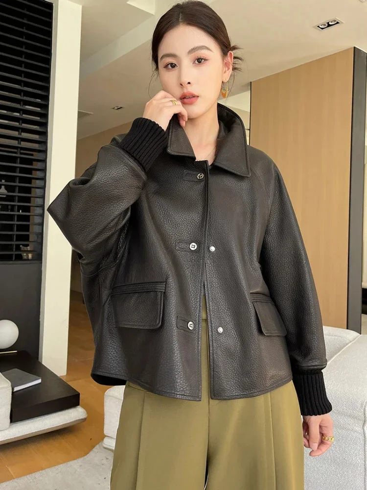 

Casual Simple Genuine Leather Jacket for Women Spring Autumn 2024 Trend High-end Loose Short Black Texture Sheepskin Coat