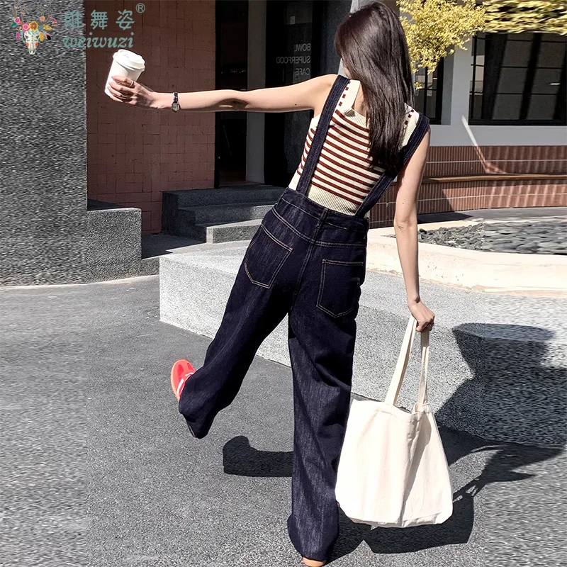 Y2k Women's Straight Leg Cowboy Overalls Chic Blue Wide Leg Jeans Autumn Loose Denim Jumpsuit Outdoor Sportswear Causal Outfits