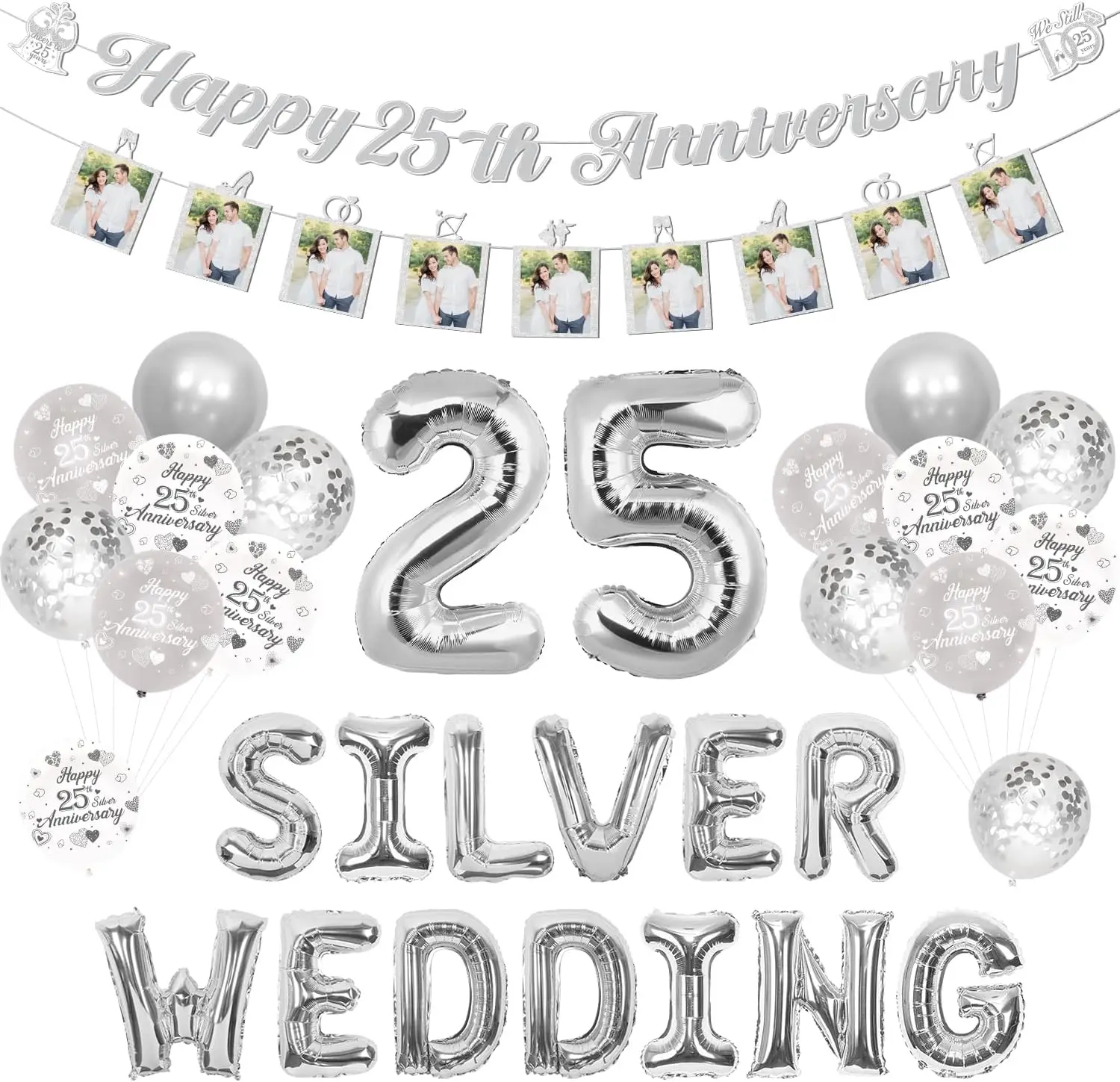 

25-е серебряное украшение на годовщину свадьбы, баннер для вечеринки в честь 25-летия, фотобаннер, серебряные свадебные фольгированные шары
