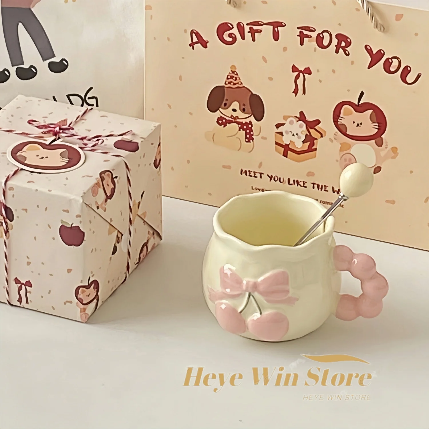 

Hand Drawn Relief Butterfly Bow Cherry Mug, Girlish Birthday Gift, Ceramic High-value Coffee Cup, Gift Water Cup with Souvenirs