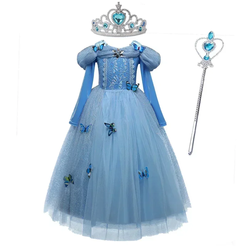 Girl Cinderella Cosplay Dress for Halloween Carnival Princess Costume Kids Long Sleeve Clothes Birthday Wedding Party Gown 3-10Y