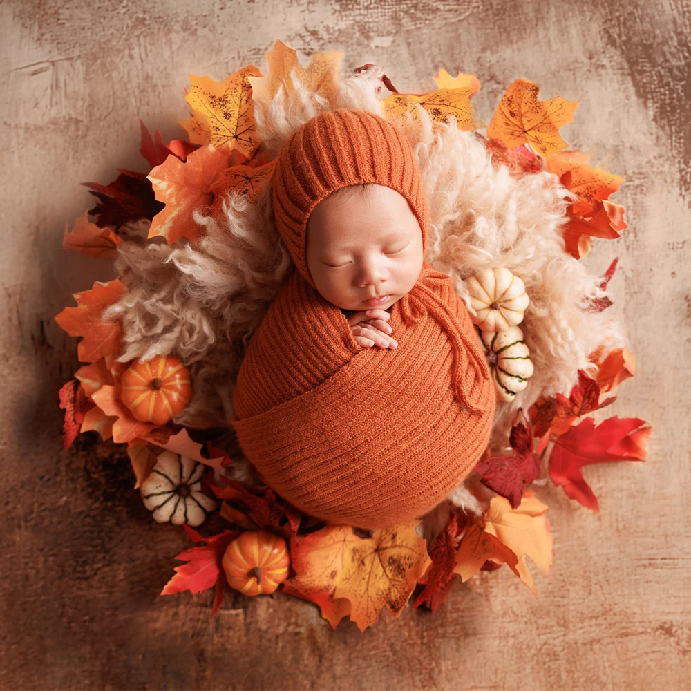 

Newborn Photography Props Knitted Wrapping Hat Baby Headwear Wool Mats Pumpkin Maple Leaf Props Baby Studio Autumn Photo Themes