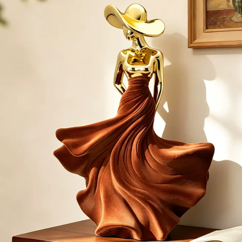 Abstract Art Girl Sculpture, Golden Plush Figure Sculpture, Living Room Decoration, Resin Crafts, Home Decoration Accessories