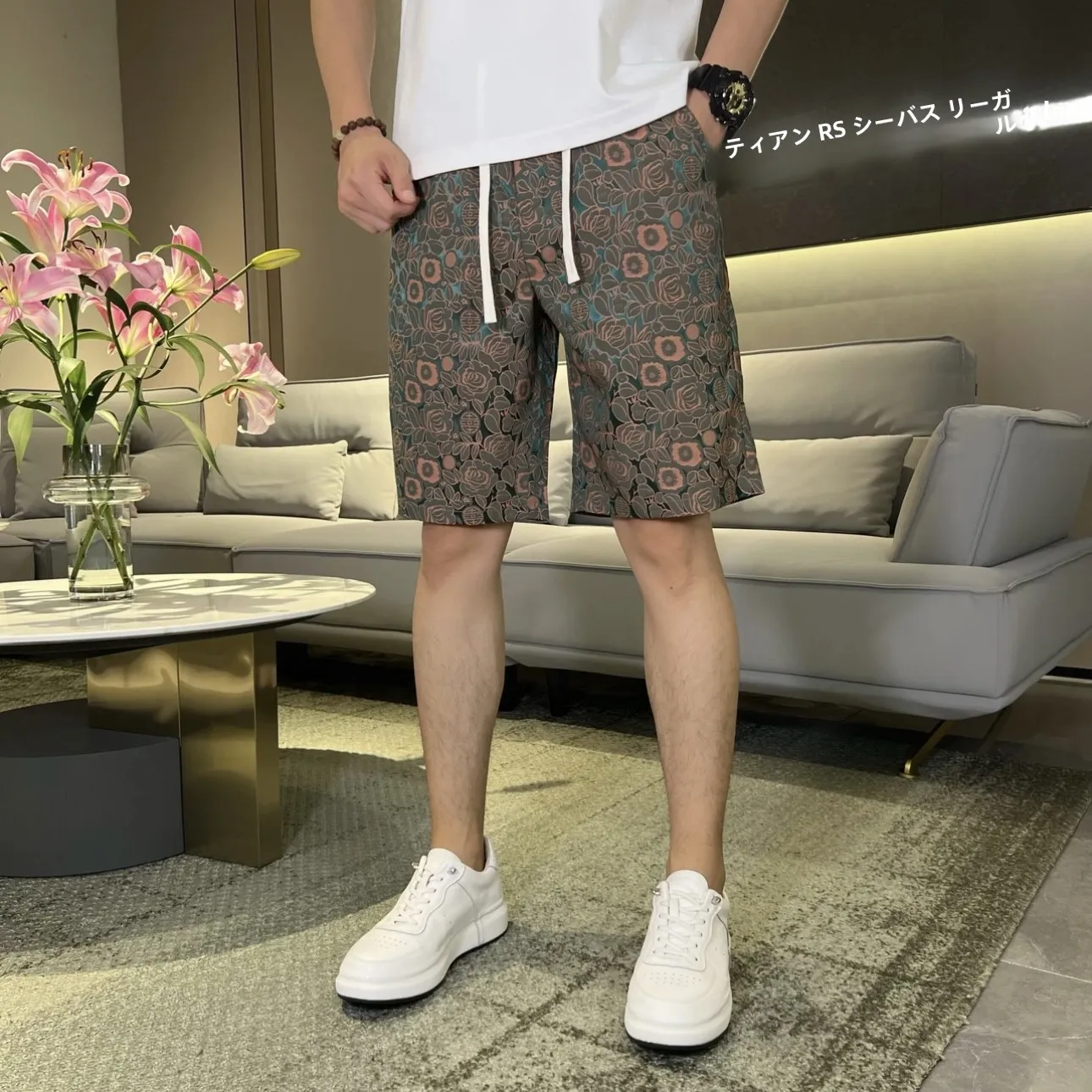 

Summer Men's High-end Casual Floral Embroidery Ethnic Sle Loose Breathable Straight Tube Five-Quarter Length orts