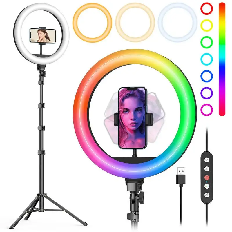 portable Photography Video Lights Kit 8/10 /12 inch Dimmable RGB LED Selfie Ring Fill Light With stand New Makeup Video Live Kit