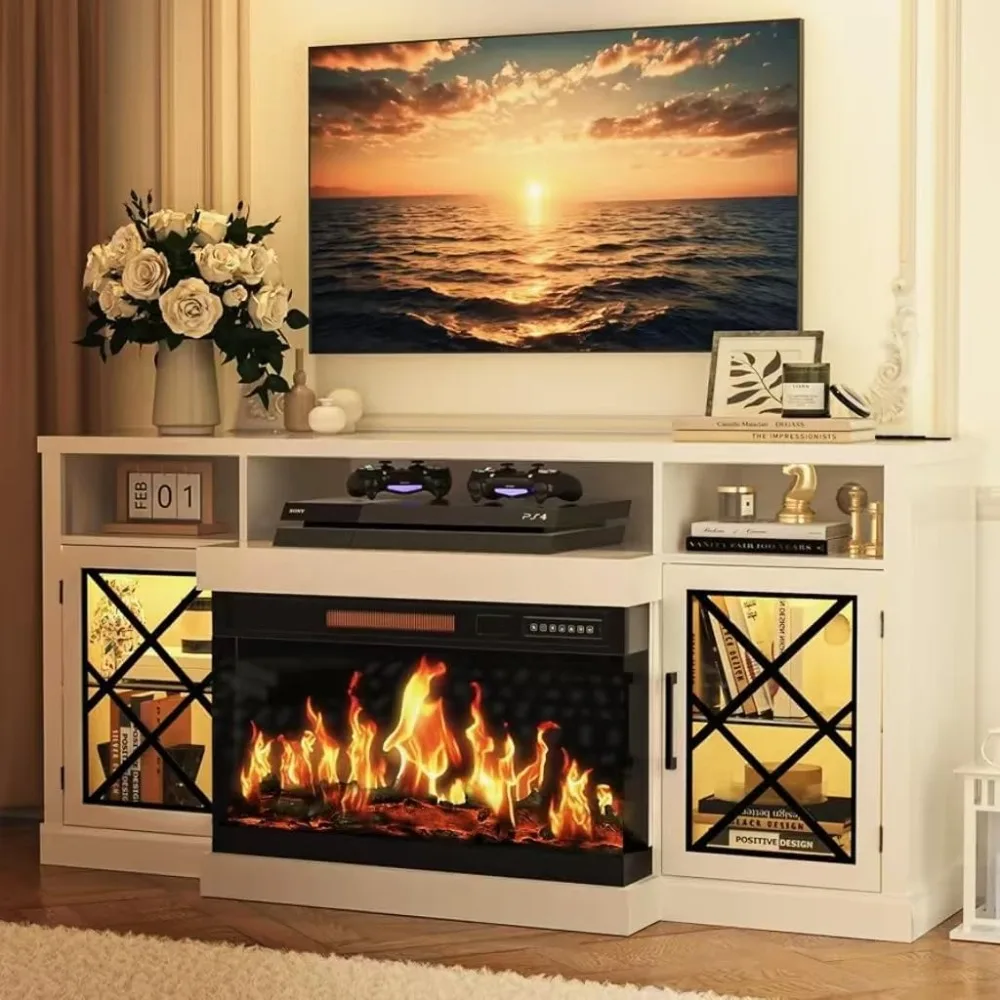 Soporte para TV con chimenea eléctrica de 65" y 3 caras para televisores de hasta 75", centro de entretenimiento con chimenea LED de 30", medios C