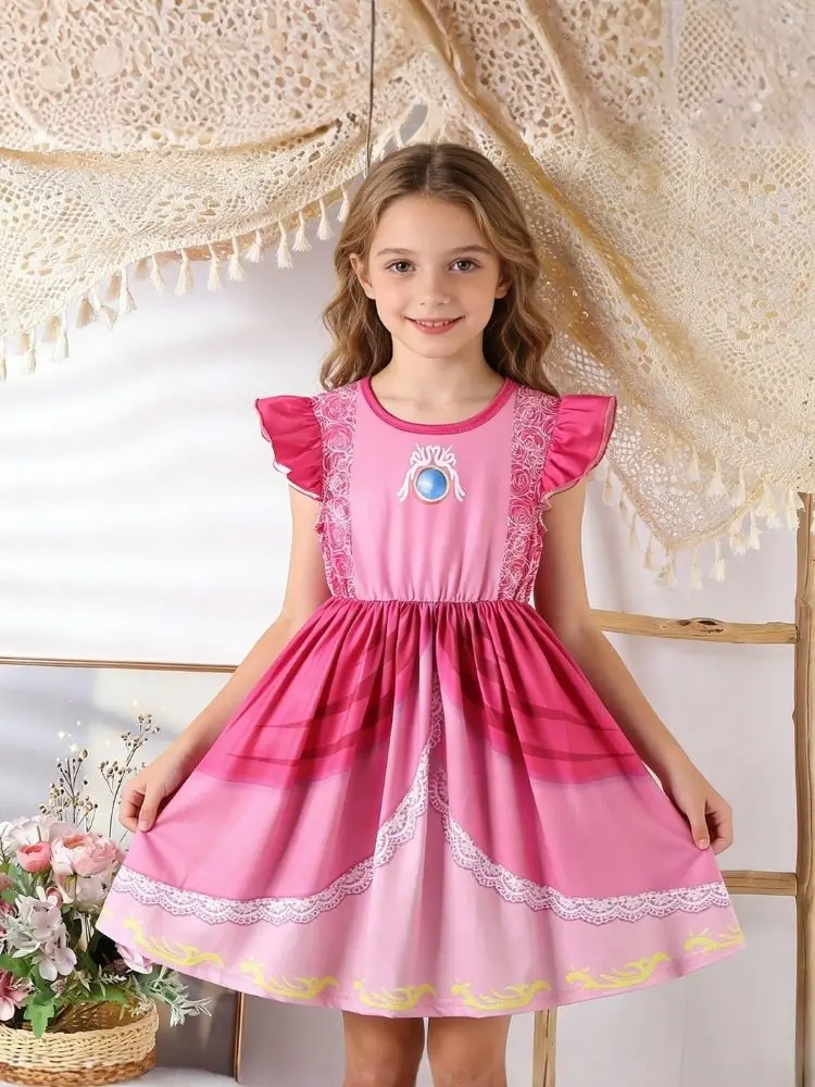 Mädchen Prinzessinnenkleid in Rosa-Pfirsich mit Rüschenärmeln für Kindergeburtstage und coole Feiertage – Detail 1