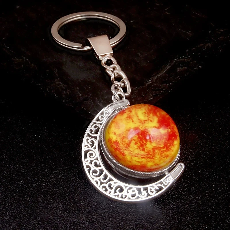 Crystal glowing sun, nine planets, Jupiter, Milky Way, keychain pendant, rotating circular double-sided Earth keychain