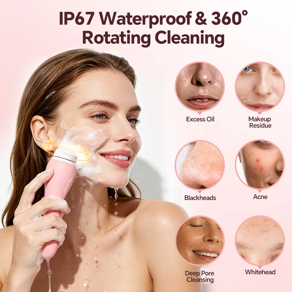 Rotating Facial Cleansing Brush 4 Heads 2 Heat Modes 3 Speeds Electric Face Scrubber IP67 Waterproof Skin Care Tool For Women - view 2