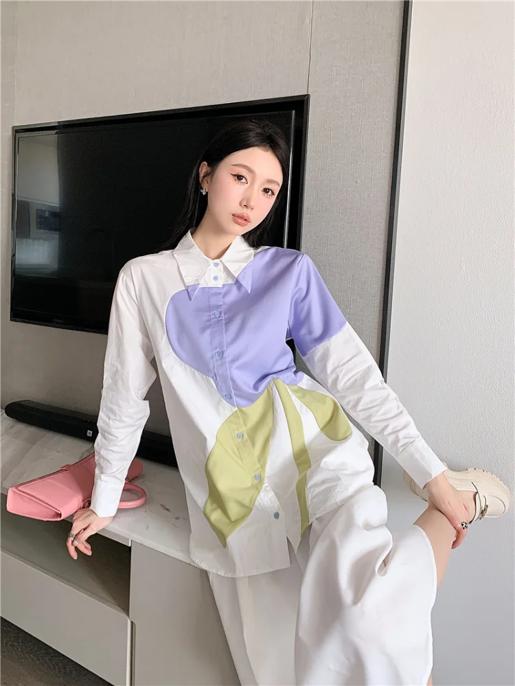 Korobov French Style Vintage Contrasting Colors Shirts Flower Splicing Loose Long Sleeve Blouses New Fashion Camisas Y Blusas