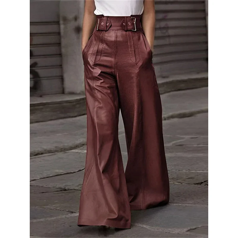 Chic Leather Buckle Flare Pants Women Loose Pockets Wide Leg Trousers 2024 Autumn Winter New Lady Vintage High Street Outwear